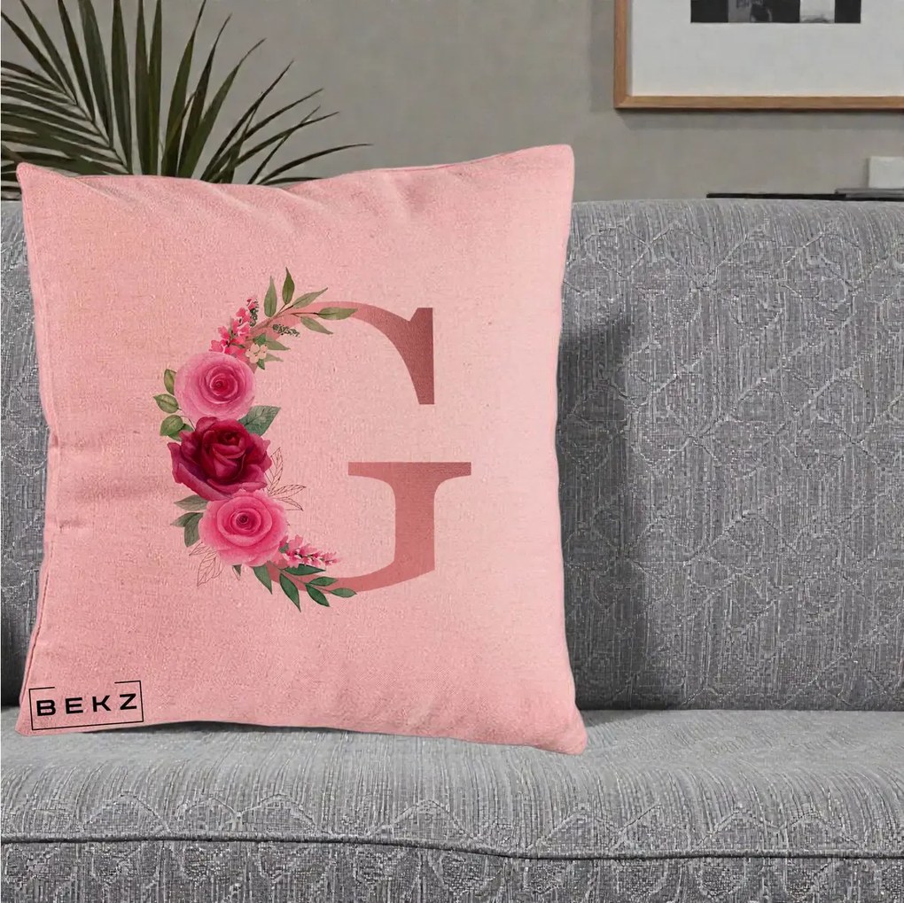 Cadou Personalizat - Perna Personalizata Monograma Rose Gold Litera G, 40x40 cm, Roz, Husa Detasabila, Perna Inclusa, BEKZ®