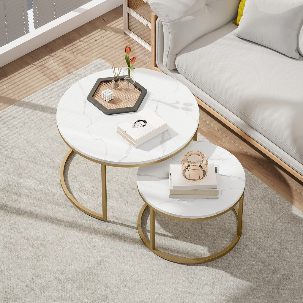 HOMCOM Set de 2 mese de cafea gigogne stivuabile design industrial blat cu aspect ciment picioare din metal alb | Aosom Romania