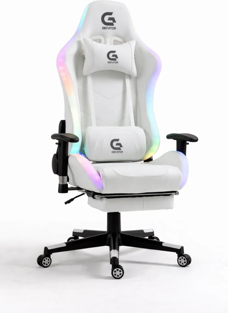 Scaun gaming cu sistem iluminare bandă LED RGB, masaj în perna lombară, suport picioare, funcție șezlong, 90-180 grade, piele PU Premium, Alb