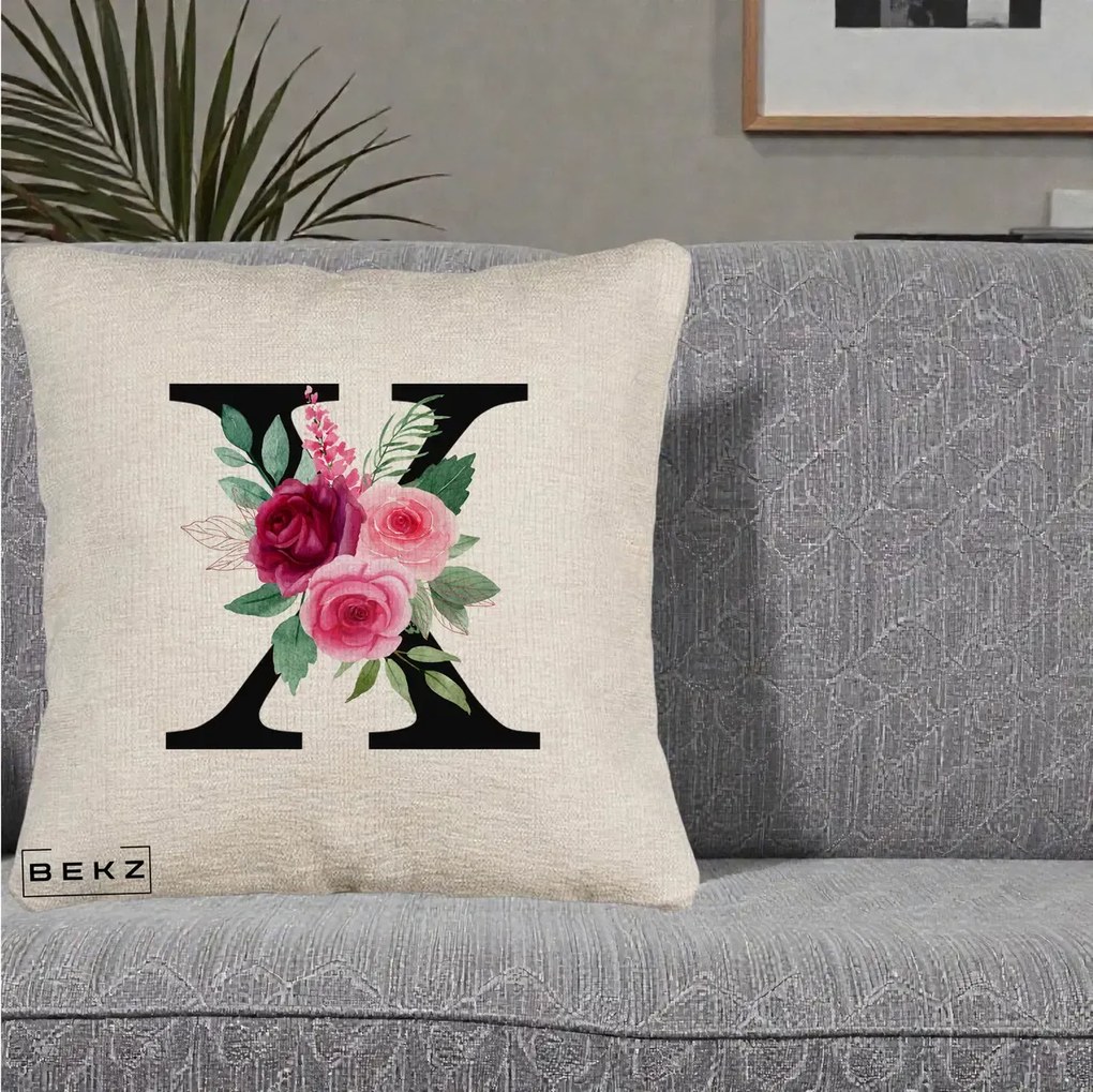 Cadou Personalizat - Perna Personalizata Monograma Florala Litera X cu Buchet, 40x40 cm, Bej Canapea, Husa Detasabila, Perna Inclusa, BEKZ®