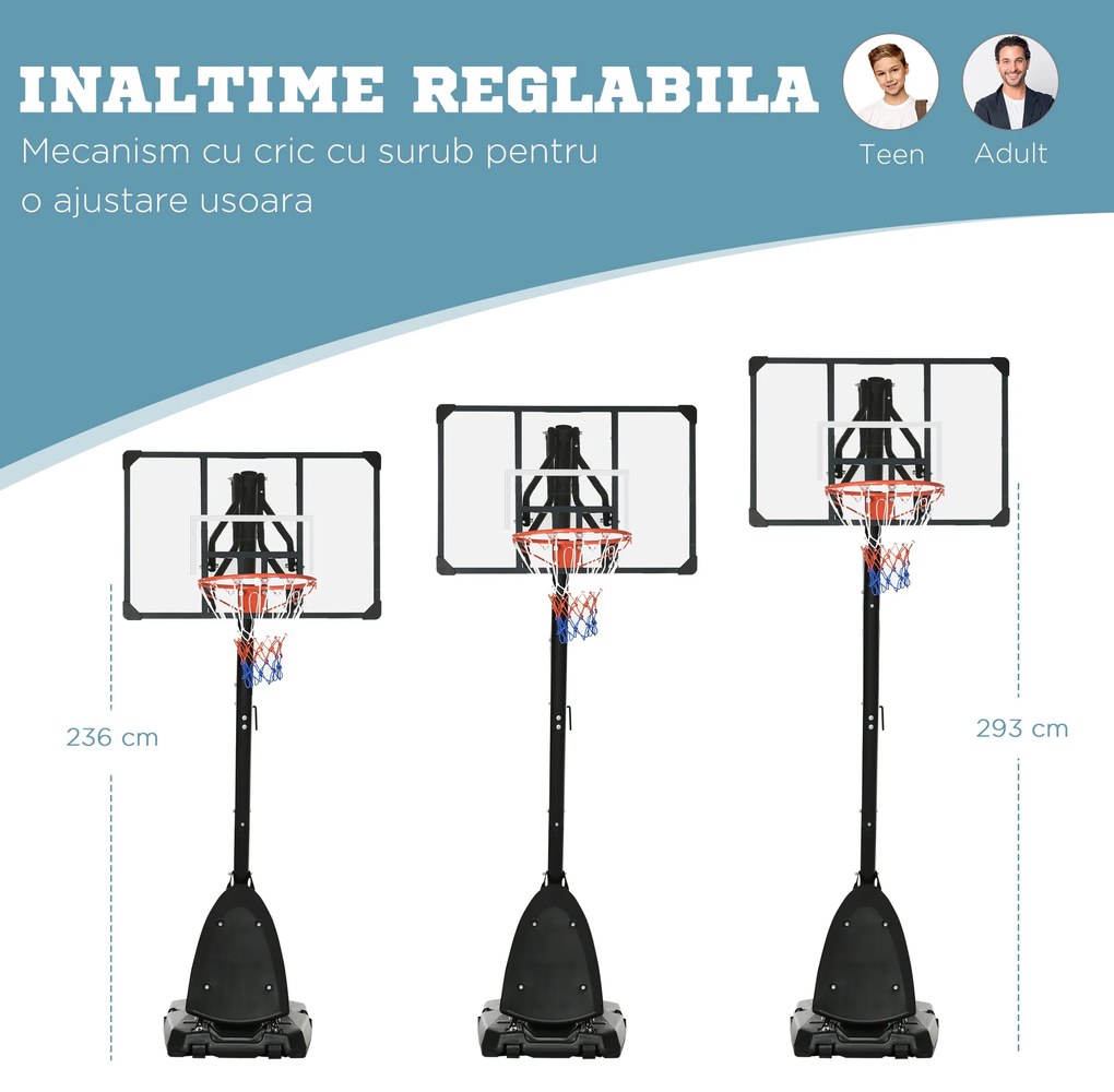 SPORTNOW Cos si suport de baschet reglabil pe inaltime cu panou robust si baza ponderata, portabil pe roti, 2,4-2,9 m | Aosom Romania