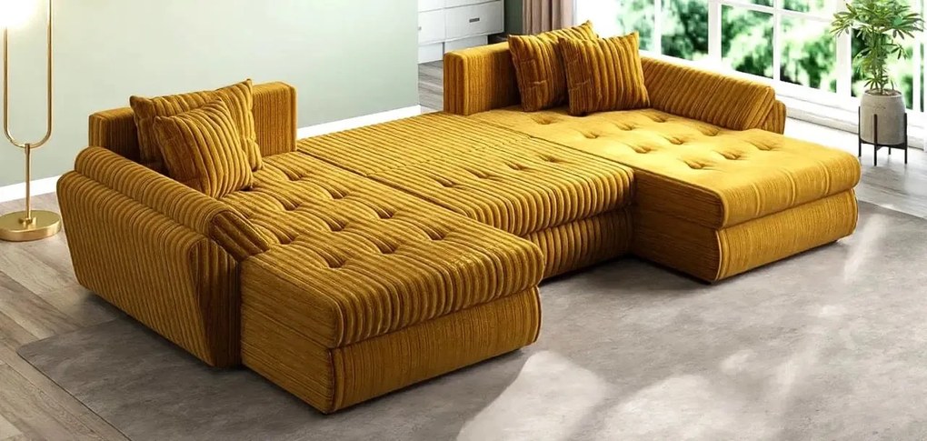 Colțar extensibil dumonde cu ladă de depozitare si sezut confortabil din spuma high-density, Loana U Ambience Mustar 355x185 cm