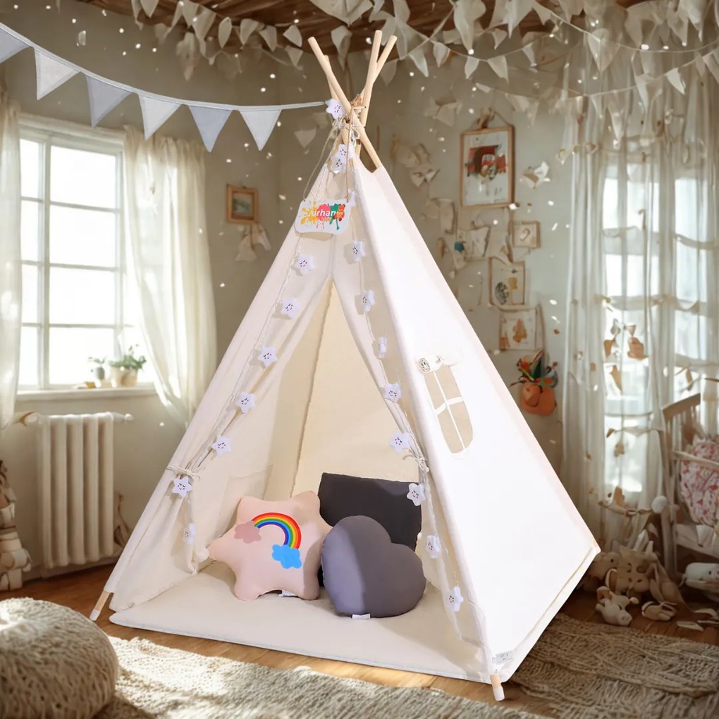 Cort tip teepee pentru copii JULIUS, 120x120x160cm, alb/gri Jurhan