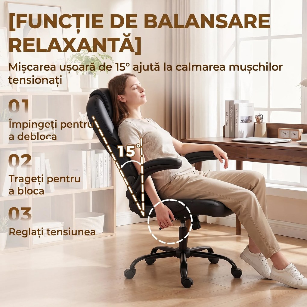 HOMCOM Scaun de Birou Rotativ, Funcție de Balansare, Suporturi Rabatabile pentru Brațe, Spătar Înalt, Înălțime Reglabilă, Negru | Aosom Romania