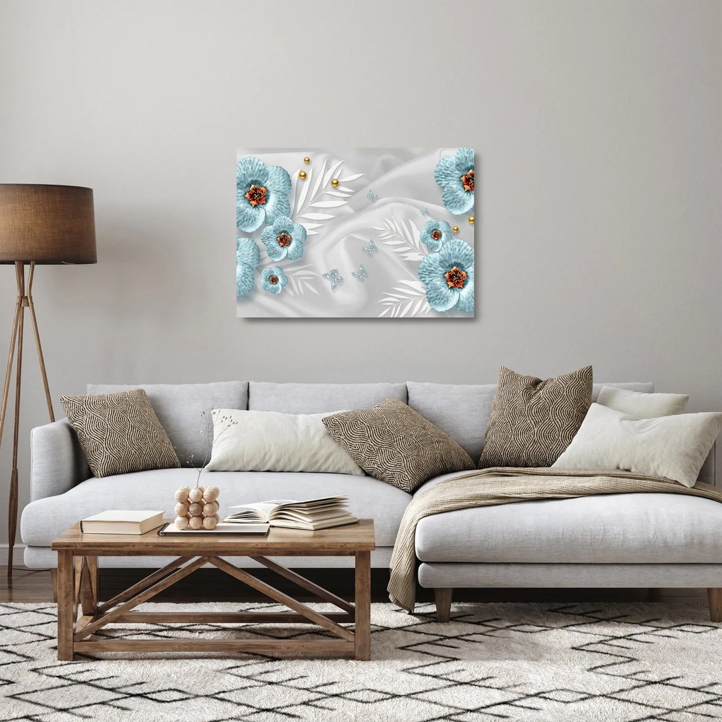 Tablou pe sticlă - 3D Flori albastre (70x50 cm)