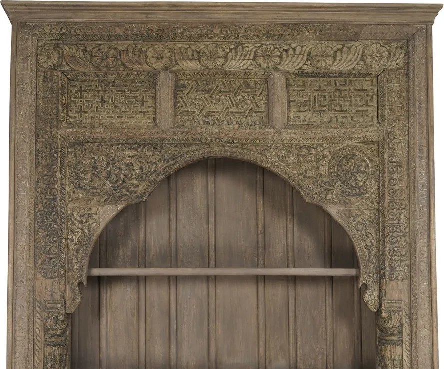 Bibliotecă sculptată din lemn masiv de teak, finisaj natural antichizat, 4 rafturi deschise, piesă unicat, 168×56×272 cm, „Dharma"