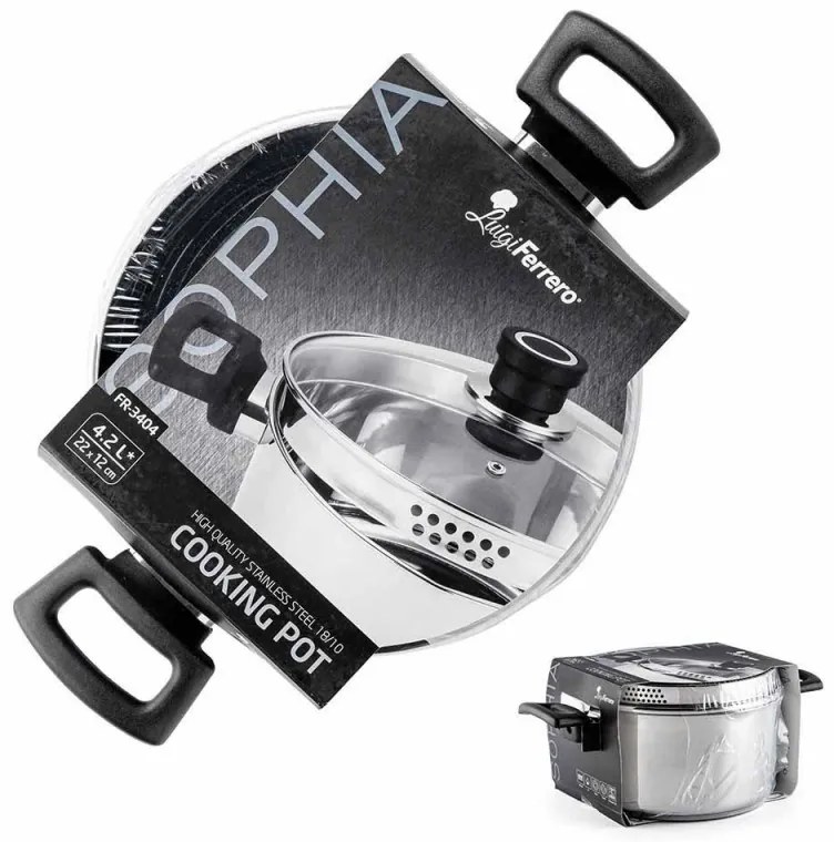 Cratiță Luigi Ferrero Sophia FR-3404, 22x12 cm, 4.2 l, Oțel 18/10, Capac din sticlă, Inducție, Inox