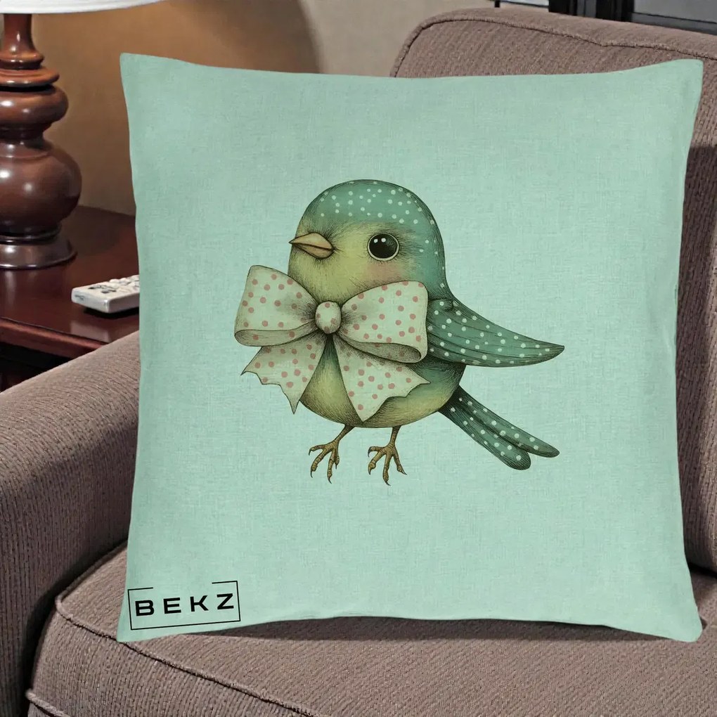 Perna Decorativa Pasare Teal cu Fundita cu Buline, 40x40 cm, Verde Menta, Husa Detasabila, Perna Inclusa, BEKZ®