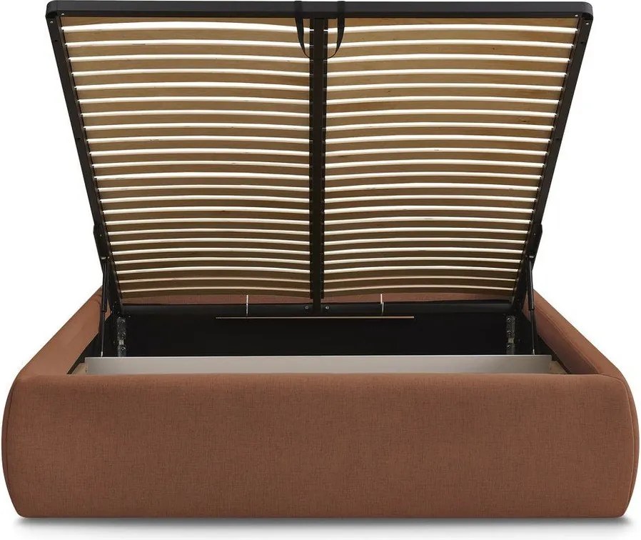 Pat matrimonial portocaliu tapițat cu spațiu de depozitare/fără tăblie cu somieră 160x200 cm Inera – Bobochic Paris