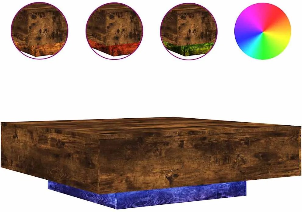 vidaXL Măsuță de cafea cu lumini LED, stejar fumuriu, 100x100x31 cm