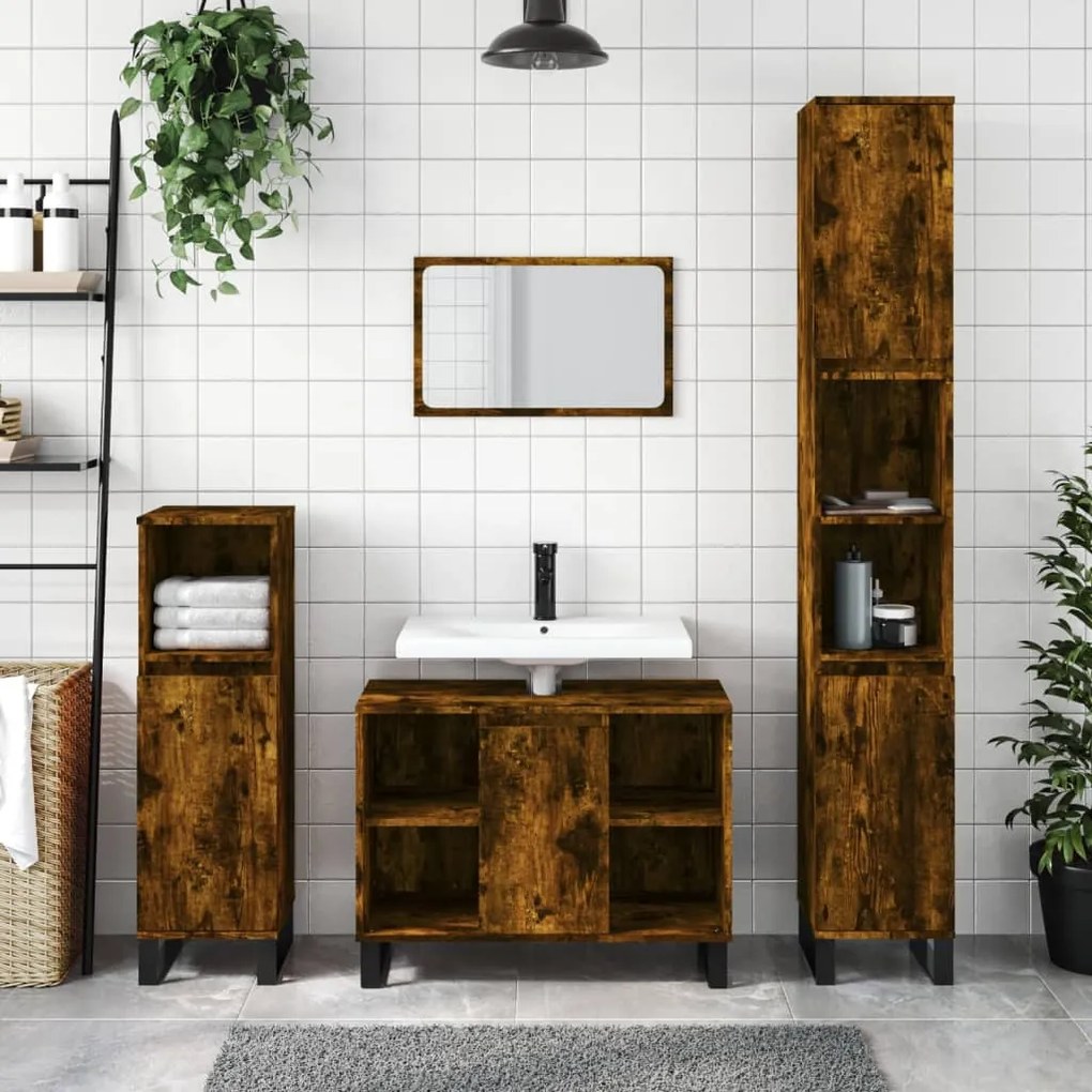 vidaXL Set mobilier de baie, 3 piese, stejar fumuriu, lemn prelucrat