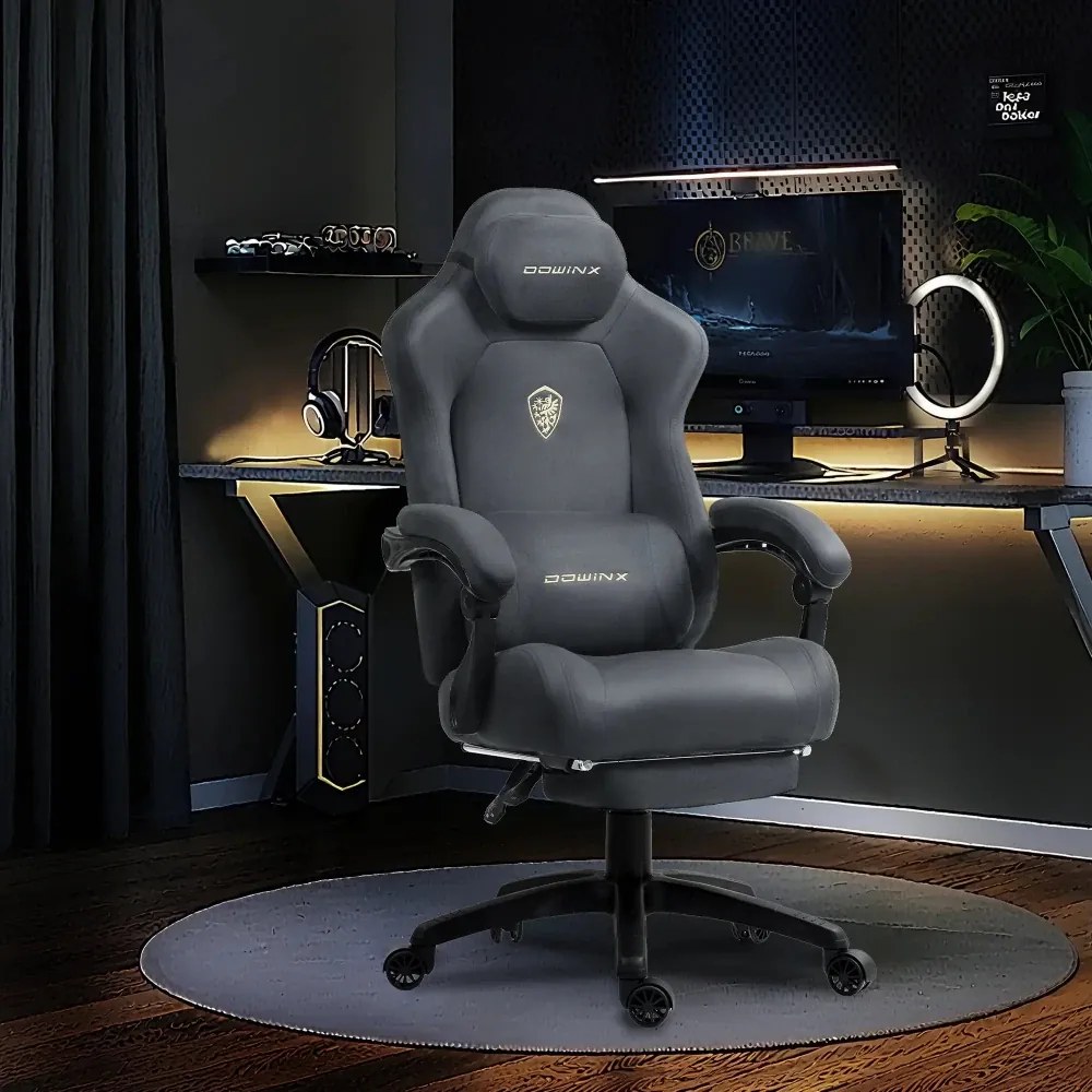 DOWINX – Scaun Gaming, Suport Lombar cu Masaj, Șezut cu Arcuri Metalice și Spumă, Rabatabil 90°-160°, Suport picioare, Rezistent 160 kg, material textil, Gri Inchis