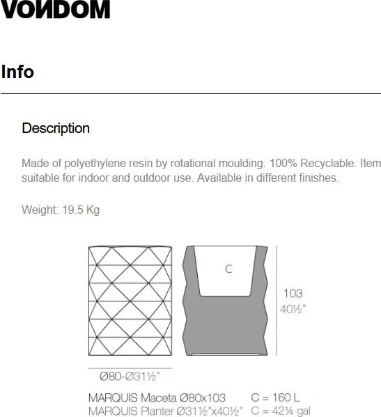 Ghiveci plante, flori design decorativ modern pentru amenajari interioare si exterioare, MARQUIS PLANTER 47085R Vondom