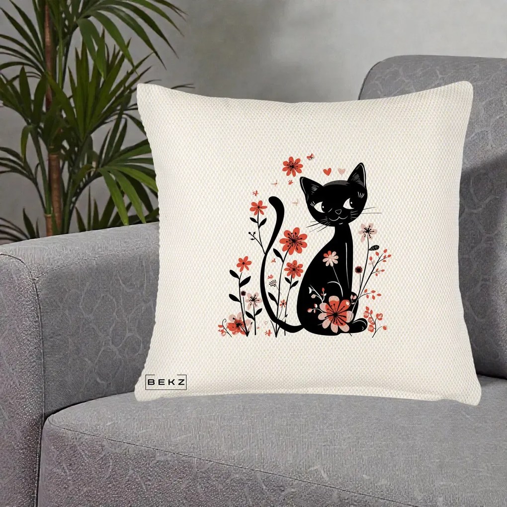 Perna Decorativa Pisica Neagra Flori Roz si Inimi, 40x40 cm, Crem Reliefat, Husa Detasabila, Perna Inclusa, BEKZ®