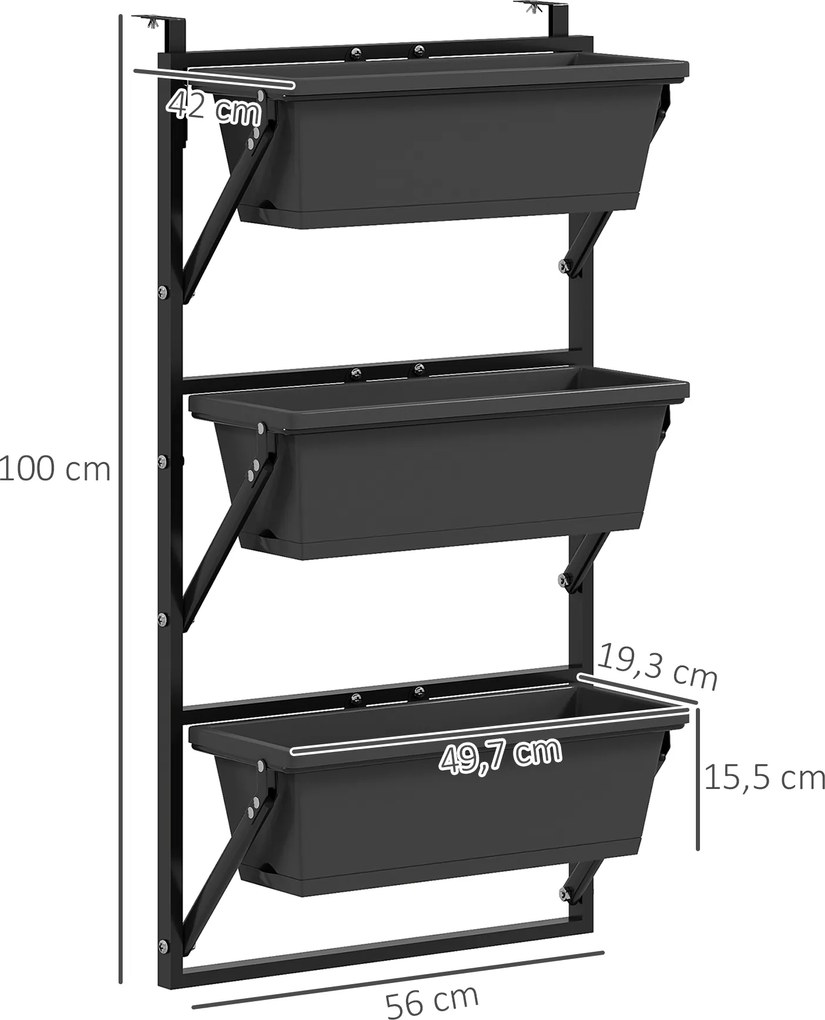 Outsunny Set de 3 ghivece ghiveci cu orificii, 56x42 cm, ghivece pătrate din plastic, Gri închis | Aosom Romania