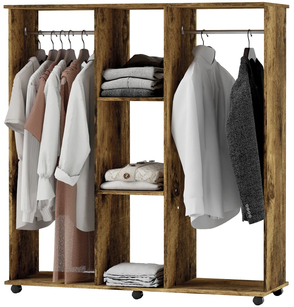 HOMCOM Dulap cu bară de umeraș mobilier de depozitare mobil 6 roți 120 x 40 x 128 cm din lemn maro | Aosom Romania