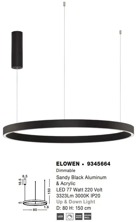 Lustra LED design circular cu iluminat sus si jos ELOWEN negru, diametru 80cm