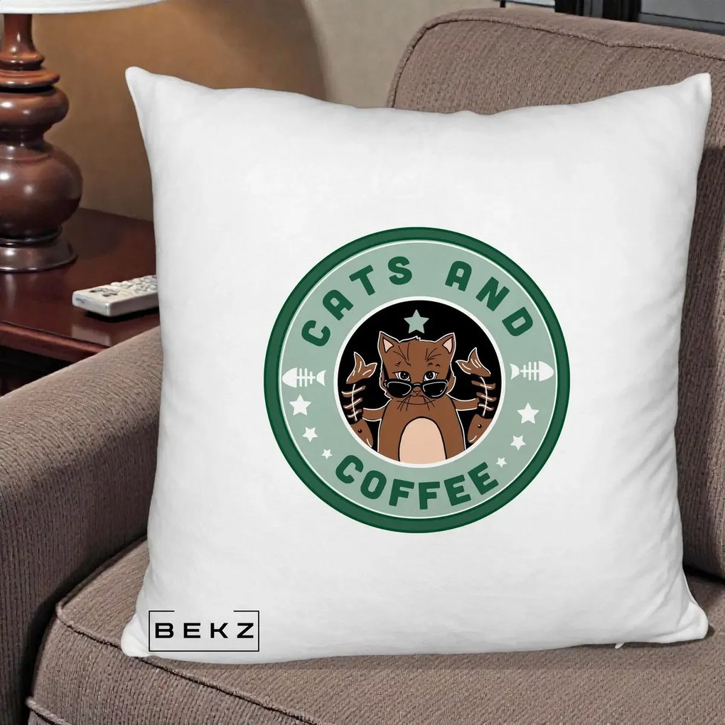 Perna Personalizata Cats and Coffee Starbucks, 40x40 cm, Alb Pufos, Husa Detasabila, Perna Inclusa, BEKZ®