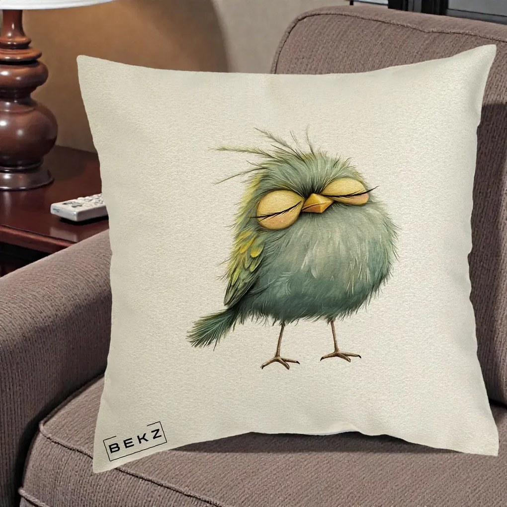Perna Decorativa Pasare Teal Adormita cu Ochi Galbeni, 40x40 cm, Ecru, Husa Detasabila, Perna Inclusa, BEKZ®