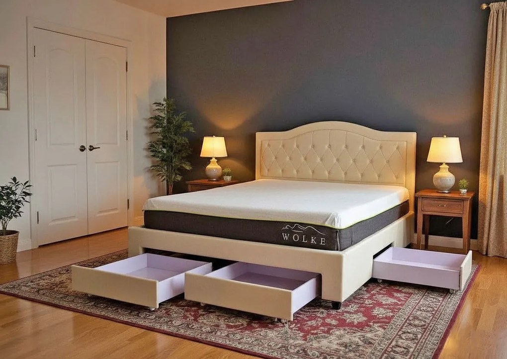 Pat 160x200 cm Terasino Crem cu 4 sertare Tapitat Catifea Somiera Inclusa (cod D3-01)