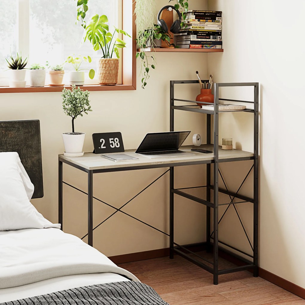 HOMCOM Birou de calculator cu raft reversibil cu 4 niveluri, masă de calculator, cadru din oțel 110 x 53 x 115,5 cm stejar negru | Aosom Romania