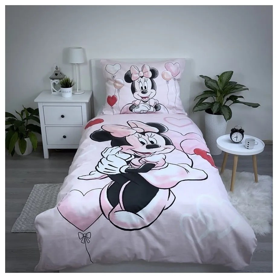 Lenjerie de pat pentru copii roz din bumbac pentru pat de o persoană 140x200 cm Minnie "Balloon" – Jerry Fabrics