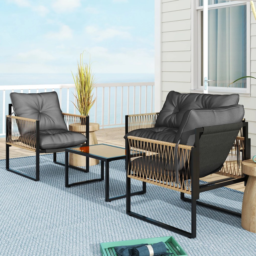Outsunny Set mobilier grădină, 4 piese, canapea, 2 scaune, masă cu blat din sticlă, cadru metalic, polyratan, antracit | Aosom Romania