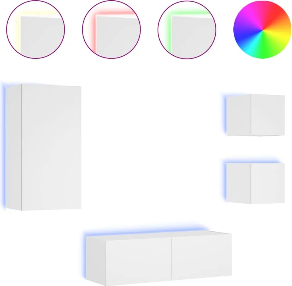 vidaXL Comode TV de perete cu lumini LED, 4 piese, alb