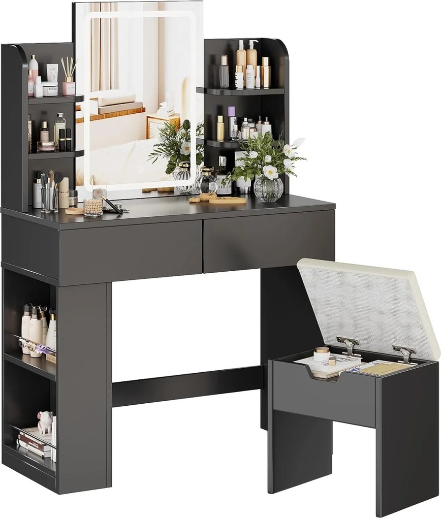 Masuta machiaj cu Oglinda LED si 2 Sertare pentru Cosmetice, Set Masa toaleta 90 cm, Alb / Negru / Roz, masuta cosmetica, vanity - SER203