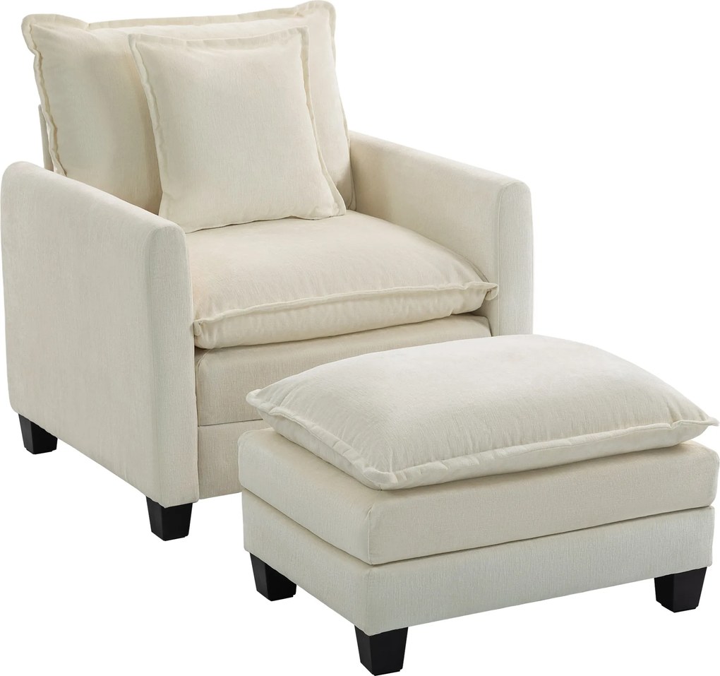HOMCOM Fotoliu de salon cu taburet, fotoliu 1 loc din chenille, șezut lat, umplutură dublă, 85x128x86cm, crem | Aosom Romania