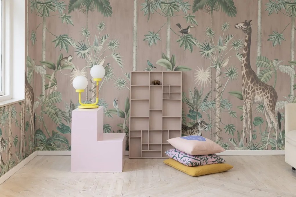 Fototapet, Giraffe's Stroll, Pink, Rebel Walls