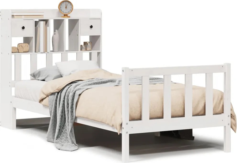 vidaXL Pat cu bibliotecă fără saltea, alb, 75x190 cm, lemn masiv pin