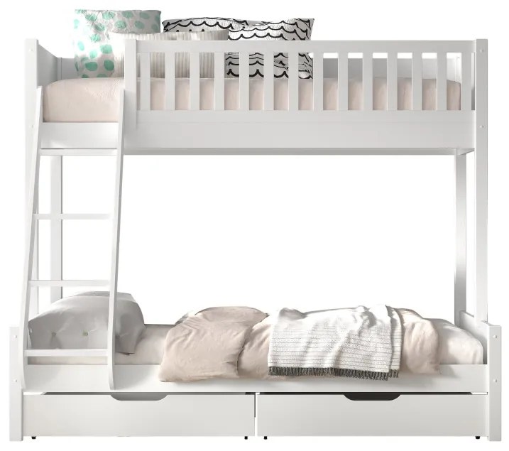 Pat suprapus familie pentru copii SCOTT, alb, 140 x 200 cm + 90 x 200 cm, din pin scandinav masiv, cu 2 sertare pentru depozitare – Vipack
