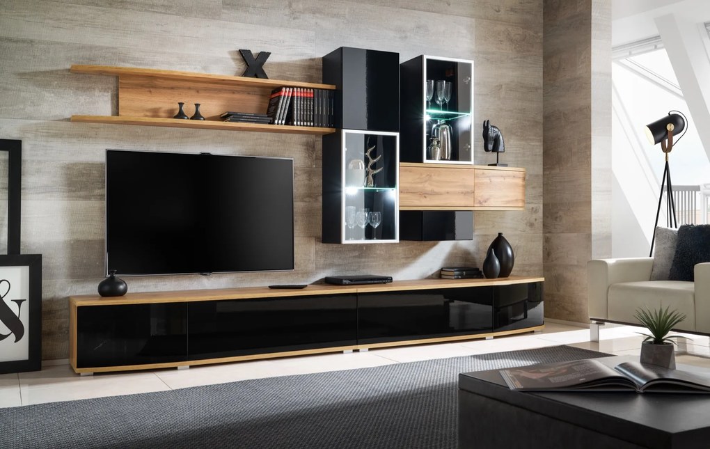 Mobilier living Maire 29 WTS MH (stejar wotan + negru + aluminiu argintiu) (cu iluminat). 1024445