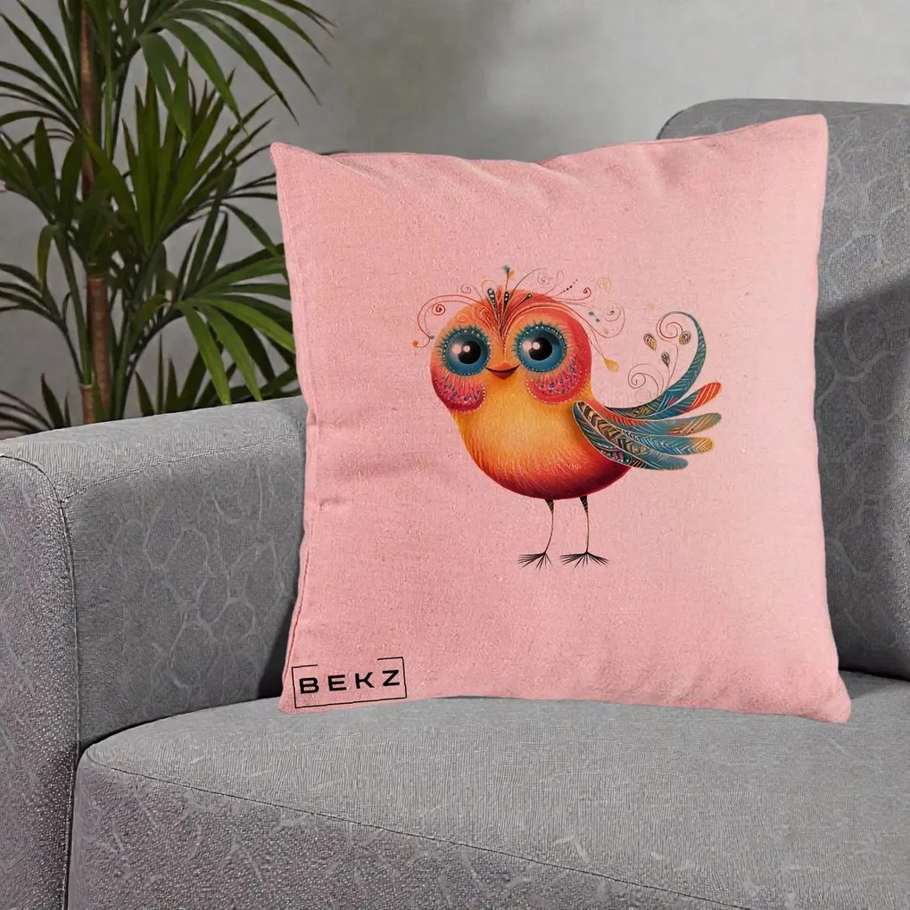 Perna Decorativa Pasare Vibranta cu Aripi Ornamentale, 40x40 cm, Roz, Husa Detasabila, Perna Inclusa, BEKZ®