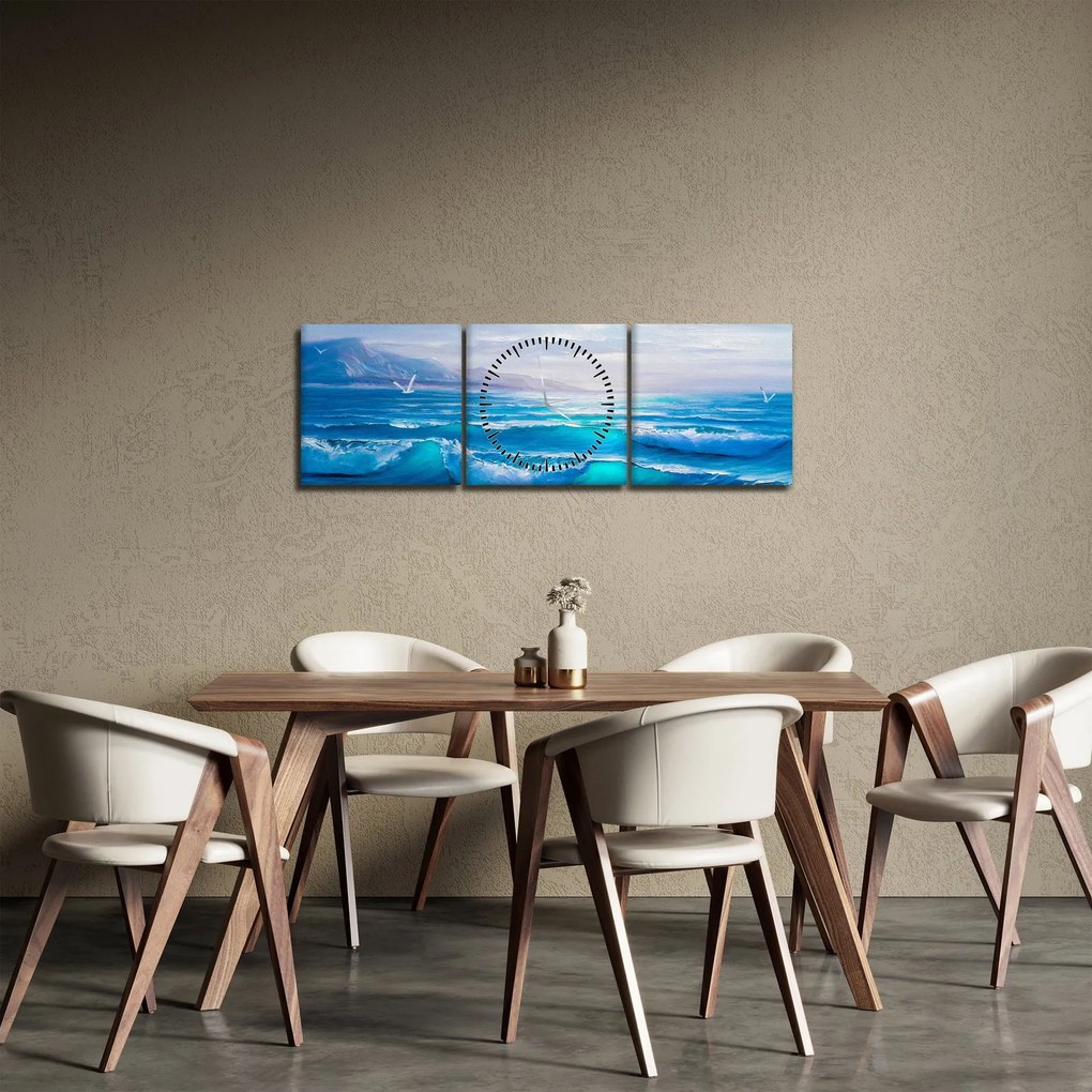 Tablou - Pictură în ulei de mare cu pescăruși (cu ceas) (90x30 cm)