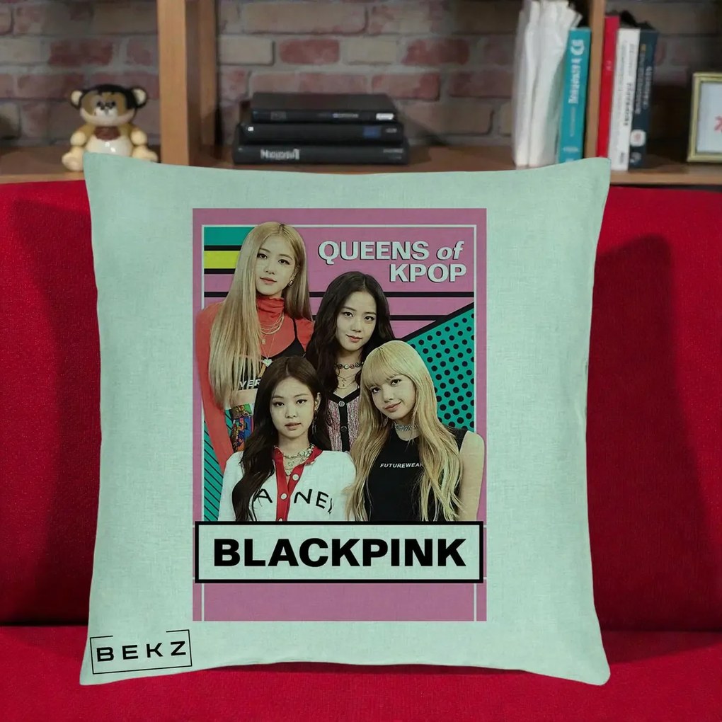 Perna Personalizata BLACKPINK Queens of Kpop, 40x40 cm, Verde Menta, Husa Detasabila, Perna Inclusa, BEKZ®