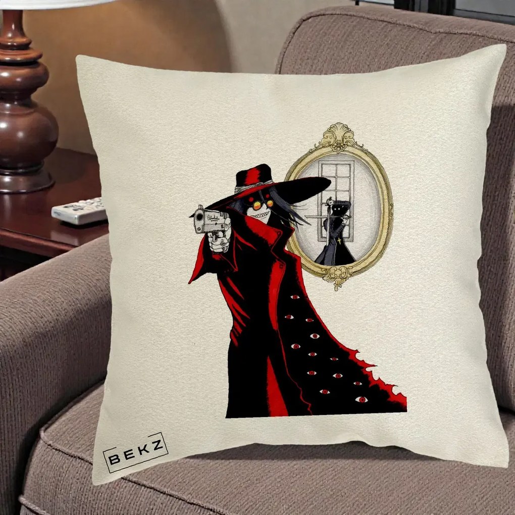 Perna Personalizata Hellsing Alucard cu Pistoale, 40x40 cm, Ecru, Husa Detasabila, Perna Inclusa, BEKZ®