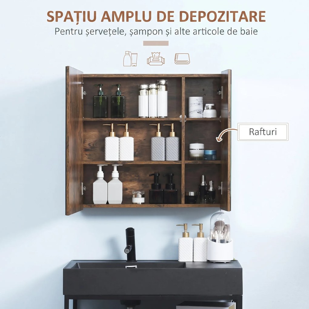 Kleankin Oglindă de Baie cu Lumini LED Reglabile, Dulap de Baie cu 2 Uși cu Oglindă și Raft Reglabil, 70x15x65 cm, Maro | Aosom Romania