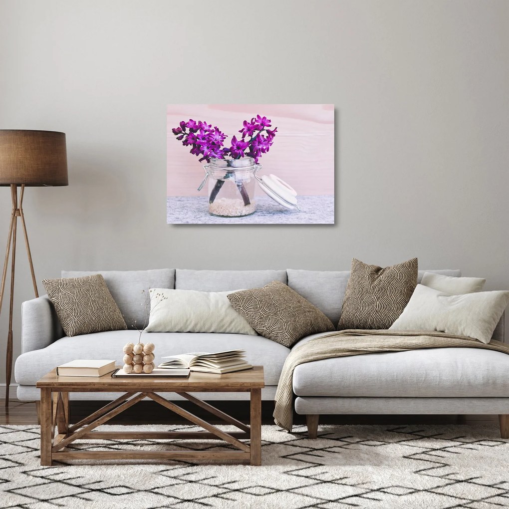 Tablou pe sticlă cu flori violete (70x50 cm)
