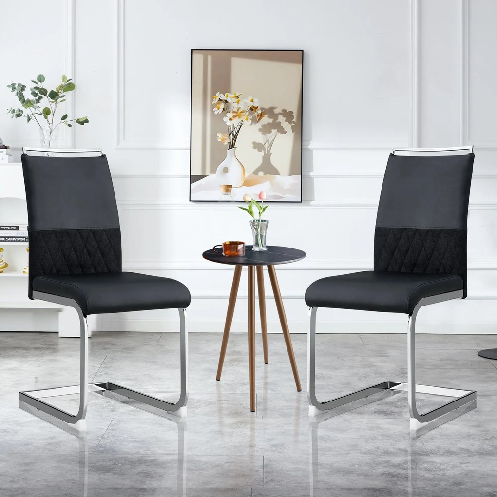 Set de 2 Scaune moderne pentru sufragerie, cu spătar înalt, din PU și material textil, pentru Bucătărie și birou, Negru