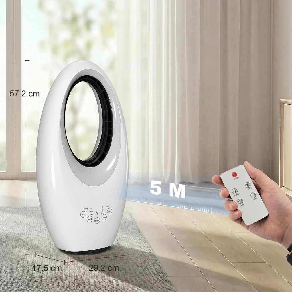 HOMCOM Ventilator turn fără pale, ventilator silențios 36 dB cu oscilație 60°, iluminare LED, 3 trepte de viteză, 7,5-Stunden-Timer, telecomandă | Aosom Romania