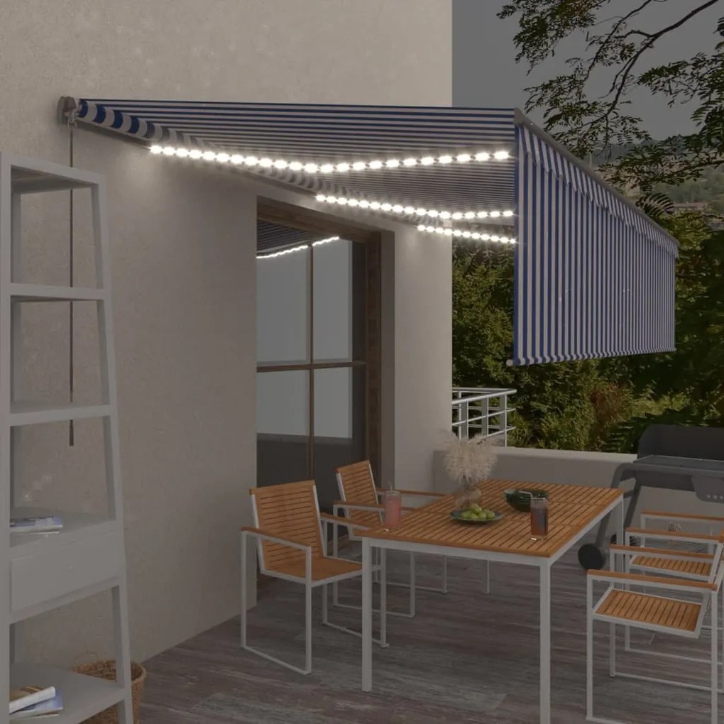 vidaXL Copertină retractabilă manual cu stor&amp;LED, albastru&amp;alb, 6x3 m
