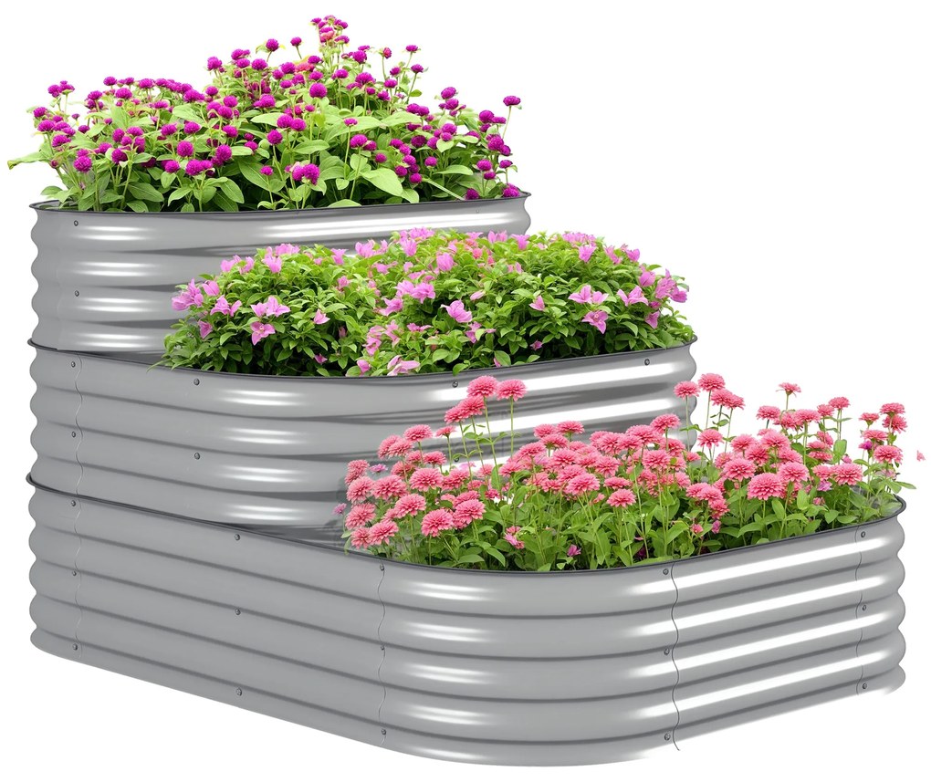 Outsunny Pat înalt cu trepte în aer liber, Cutie de plante pentru flori, 3 trepte, 158 cm x 109 cm x 82 cm, Argintiu | Aosom Romania