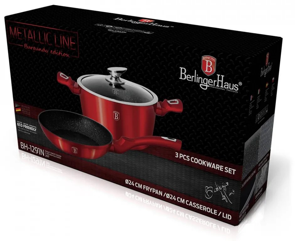 Set oala cu capac si tigaie marmorate (3 piese) din aluminiu forjat Burgundy Metallic Line Berlinger Haus BH 1291N