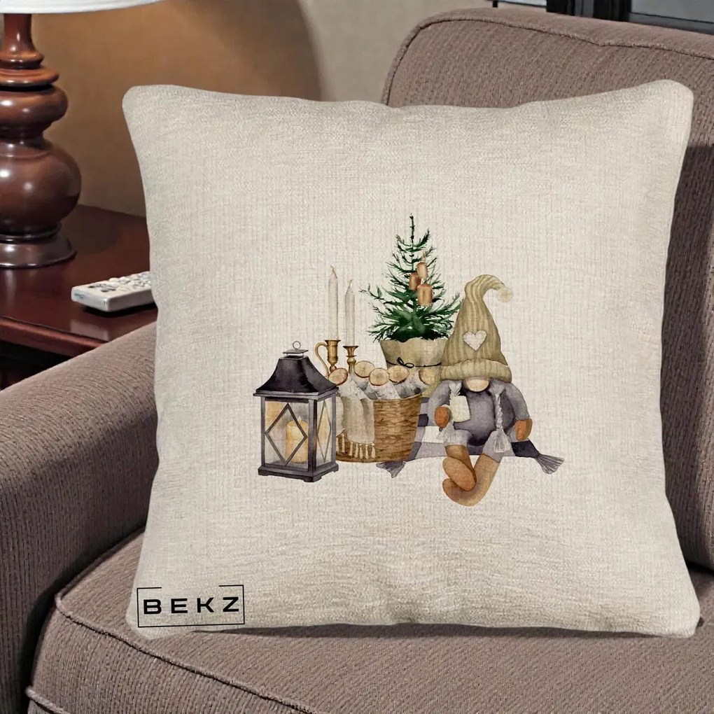 Perna Decorativa Gnom Scandinav cu Felinar, 40x40 cm, Bej Canapea, Husa Detasabila, Perna Inclusa, BEKZ®