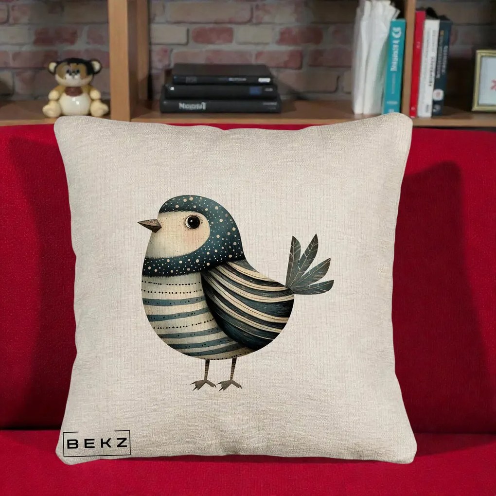 Perna Decorativa Pasare Teal Decorativa Dungata, 40x40 cm, Bej Canapea, Husa Detasabila, Perna Inclusa, BEKZ®
