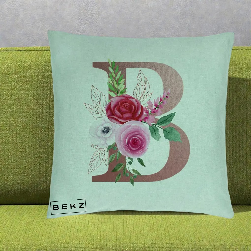 Cadou Personalizat - Perna Personalizata Monograma Rose Gold Litera B, 40x40 cm, Verde Menta, Husa Detasabila, Perna Inclusa, BEKZ®