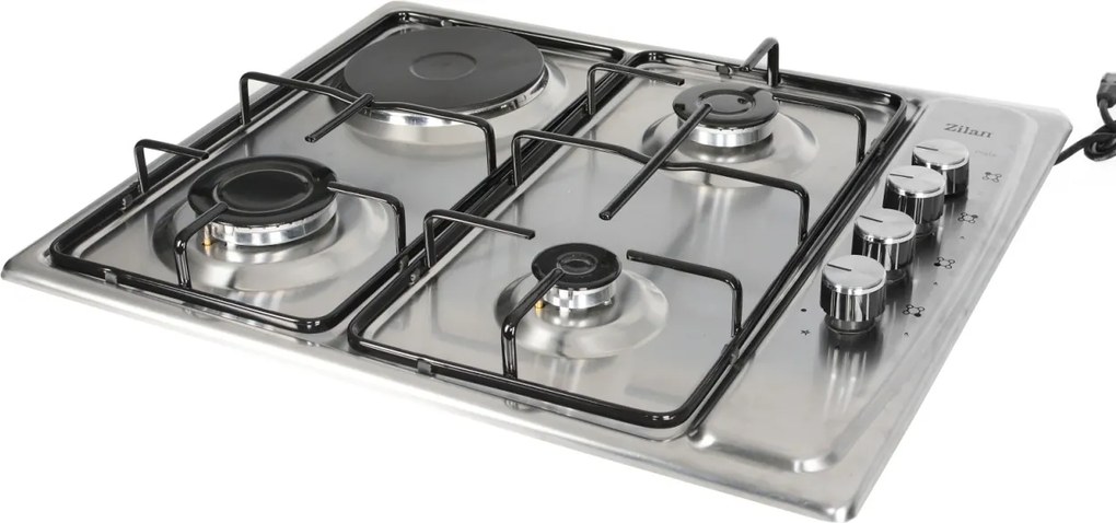 Plita incorporabila Zilan ZLN1918 GPL si Gaz natural 58x50 cm, 3 ochiuri, 1 ochi electric, duze de schimb incluse, aprindere electrica, Inox