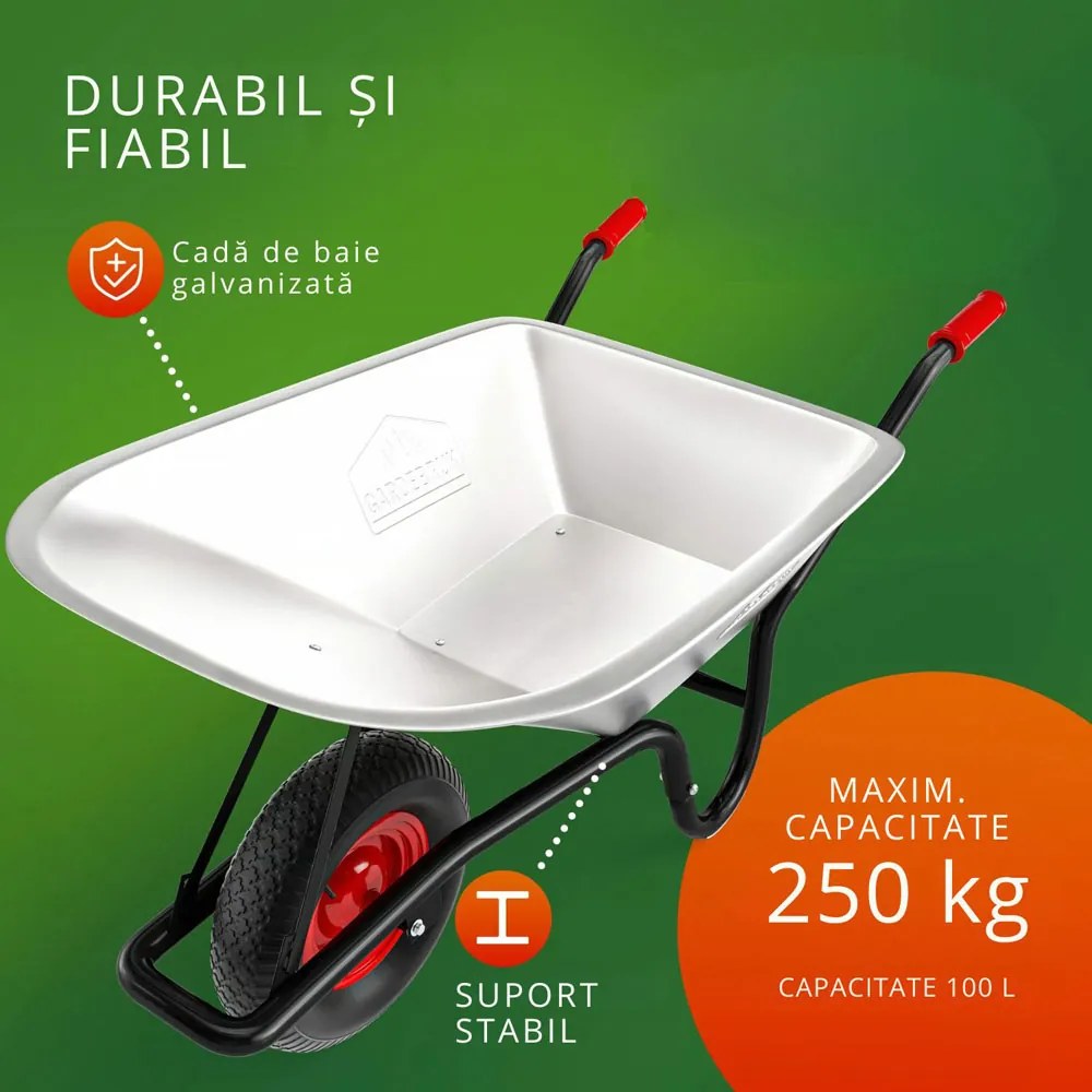 Roabă BARRY zincată, capacitate max. 100l/250kg, argintiu/negru Gardebruk